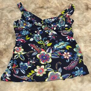 Anne Cole shades of blue floral twist front underwire tankini top -size 36D/34DD